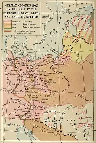 Niemiecka kolonizacja na wschodzie kosztem Słowian, Bałtów i Madziarów, 800-1400. Mapa z 1904