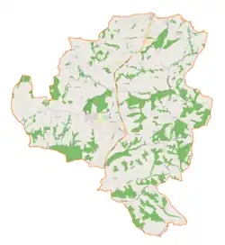 Mapa konturowa gminy Mogilany, blisko centrum na lewo u góry znajduje się punkt z opisem „Chorowice”