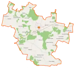 Mapa konturowa gminy Mordy, po lewej nieco u góry znajduje się punkt z opisem „Stok Ruski”