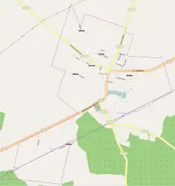 Mapa konturowa Mord, blisko centrum na prawo znajduje się punkt z opisem „Pałac w Mordach”