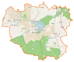 Mapa konturowa gminy Moryń, w centrum znajduje się owalna plamka nieco zaostrzona i wystająca na lewo w swoim dolnym rogu z opisem „Jezioro Morzycko”