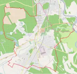 Mapa konturowa Mosiny, blisko centrum na dole znajduje się punkt z opisem „Mosina”
