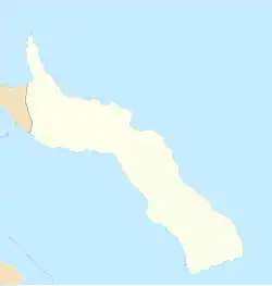 Mapa konturowa Św. Góry Athos, blisko centrum na lewo u góry znajduje się punkt z opisem „Chilandar”