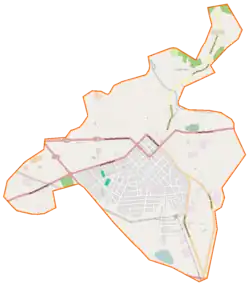 Mapa konturowa Mścisława, blisko centrum na prawo znajduje się punkt z opisem „Sobór św. Aleksandra Newskiego”