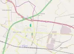 Mapa konturowa Mszczonowa, na dole znajduje się punkt z opisem „Mszczonów”