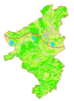 Mapa konturowa gminy Lenart, blisko centrum na prawo znajduje się punkt z opisem „Gradenšak”