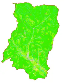 Mapa konturowa gminy Ljubno, blisko centrum na dole znajduje się punkt z opisem „Ljubno ob Savinji”