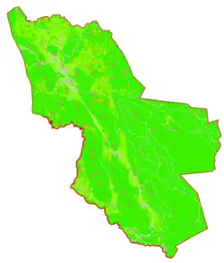 Mapa konturowa gminy Loški Potok, na dole nieco na prawo znajduje się punkt z opisem „Trava”