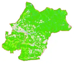 Mapa konturowa gminy Mislinja, blisko centrum na lewo znajduje się punkt z opisem „Mislinja”