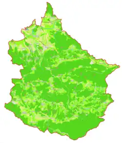 Mapa konturowa gminy Mokronog-Trebelno, na dole po lewej znajduje się punkt z opisem „Ornuška vas”