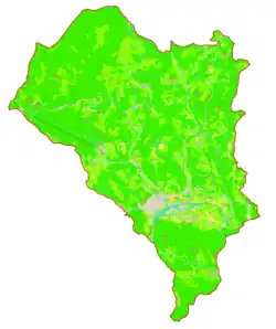 Mapa konturowa gminy Mozirje, blisko centrum na dole znajduje się punkt z opisem „Mozirje”