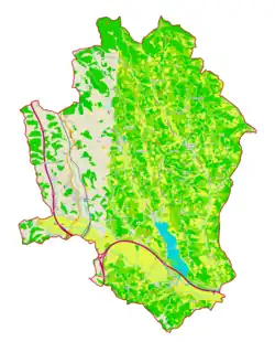Mapa konturowa gminy Pesnica, po lewej nieco u góry znajduje się punkt z opisem „Jelenče”