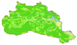 Mapa konturowa gminy Radeče, blisko centrum na prawo znajduje się punkt z opisem „Radeče”