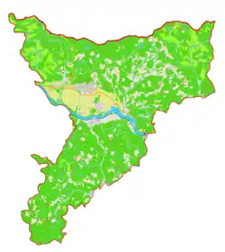 Mapa konturowa gminy Radlje ob Dravi, u góry nieco na prawo znajduje się punkt z opisem „Radelca”