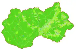 Mapa konturowa gminy Semič, po prawej nieco u góry znajduje się punkt z opisem „Gradnik”