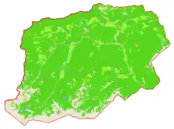 Mapa konturowa gminy Solčava, blisko centrum po lewej na dole znajduje się punkt z opisem „Park Krajobrazowy Dolina Logarska”