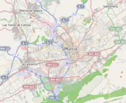 Mapa konturowa Murcji, w centrum znajduje się punkt z opisem „Katedra w Murcji”