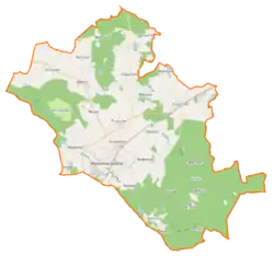 Mapa konturowa gminy Murowana Goślina, na dole nieco na prawo znajduje się punkt z opisem „Huta Pusta”