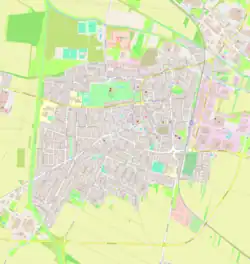 Mapa konturowa Murskiej Soboty, blisko centrum na prawo znajduje się punkt z opisem „Murska Sobota”