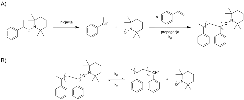 Schematycznie przedstawienie reakcji inicjacji i propagacji zachodzące w polimeryzacji rodnikowej kontrolowanej rodnikiem TEMPO (A). Równanie obrazujące równowagę zachodzącą podczas propagacji łańcucha (B)