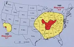 Porównanie zasięgu uszkodzeń między umiarkowanym trzęsieniem ziemi w strefie New Madrid (1895 o magnituedzie 6,8) a podobnym trzęsieniem z Los Angeles (1994 o magnituedzie 6,7).