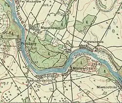 Mapa okolic, w których toczy się akcja Nad Niemnem. Zaścianek Bohatyrowicze obejmuje wschodnią część wsi Samostrzelniki. Miniewicze to literacki Korczyn. Mapa z 1926 r.