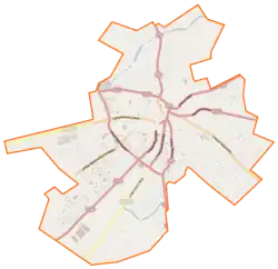 Mapa konturowa Nowogródka, blisko centrum na prawo u góry znajduje się punkt z opisem „Ruiny zamku w Nowogródku”