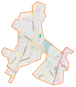 Mapa konturowa Nieświeża, po prawej znajduje się punkt z opisem „Cerkiew św. Jerzego”