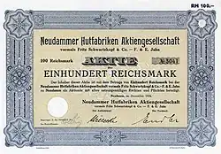 Akcja 100 marek fabryki kapeluszy Neudammer Hutfabriken Aktiengesellschaft, 1934