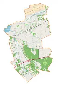 Mapa konturowa gminy Nieborów, po lewej znajduje się punkt z opisem „Cmentarz mariawicki w Arkadii-Zielkowicach”