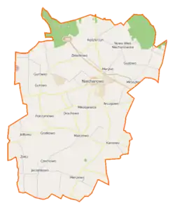 Mapa konturowa gminy Niechanowo, po lewej nieco u góry znajduje się punkt z opisem „Goczałkowo”