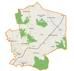 Mapa konturowa gminy Niedźwiada, blisko centrum na prawo znajduje się punkt z opisem „Brzeźnica Bychawska-Kolonia”