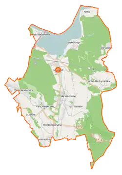 Mapa konturowa gminy Nieporęt, u góry nieco na lewo znajduje się punkt z opisem „Zegrze Południowe”