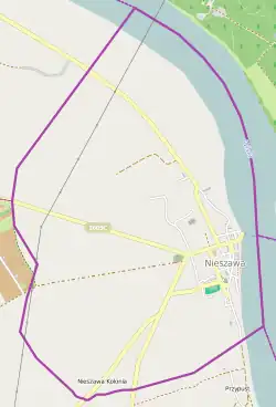 Mapa konturowa Nieszawy, po prawej znajduje się punkt z opisem „Parafia św. Jadwigi Śląskiej w Nieszawie”