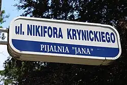 Ulica Nikifora Krynickiego (oznaczenie przy pomniku)