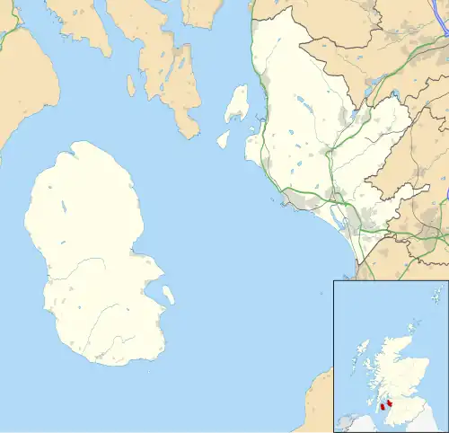 Mapa konturowa North Ayrshire, u góry znajduje się punkt z opisem „Largs”