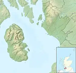 Mapa konturowa North Ayrshire, po lewej znajduje się punkt z opisem „Arran”