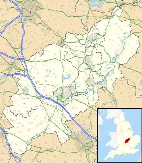 Mapa konturowa Northamptonshire, u góry po prawej znajduje się punkt z opisem „Fotheringhay”