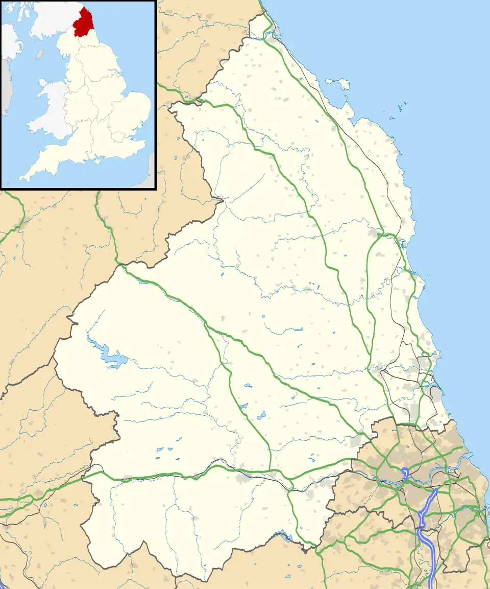 Mapa konturowa Northumberland, na dole znajduje się punkt z opisem „Hexham”