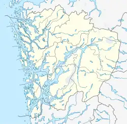Mapa konturowa Hordalandu, po lewej znajduje się ikonka pałacu z opisem „Gamlehaugen”