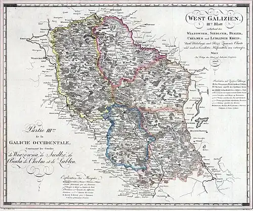 Północno-wschodnia część Nowej Galicji - cyrkuły: wiązowieński, siedlecki, bialski, chełmski i lubelski - według stanu na początek 1803 – po likwidacji cyrkułu radzyńskiego w 1802, a przed reformą z maja 1803