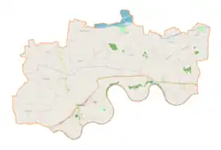 Mapa konturowa gminy Nowe Brzesko, na dole nieco na lewo znajduje się punkt z opisem „Parafia Wszystkich Świętych”