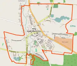 Mapa konturowa Nowego Miasteczka, blisko centrum na lewo znajduje się punkt z opisem „Parafia pw. św. Marii Magdalenyw Nowym Miasteczku”