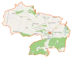 Mapa konturowa gminy Nowe Miasto nad Pilicą, blisko centrum na prawo znajduje się punkt z opisem „Nowe Miasto nad Pilicą”