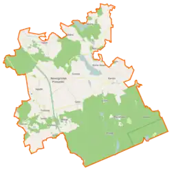 Mapa konturowa gminy Nowogródek Pomorski, po lewej nieco na dole znajduje się punkt z opisem „Trzcinna”