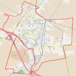 Mapa konturowa Nowego Dworu Gdańskiego, w centrum znajduje się punkt z opisem „Parafia Przemienienia Pańskiego w Nowym Dworze Gdańskim”