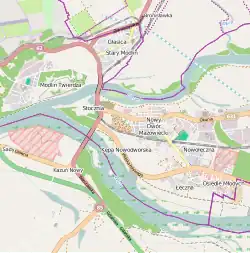 Mapa konturowa Nowego Dworu Mazowieckiego, po lewej nieco u góry znajduje się punkt z opisem „Twierdza Modlin”