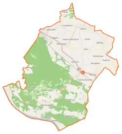 Mapa konturowa gminy Obrowo, blisko centrum na dole znajduje się punkt z opisem „Smogorzewiec”