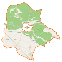 Mapa konturowa gminy wiejskiej Obrzycko, po lewej nieco u góry znajduje się punkt z opisem „Modrak”