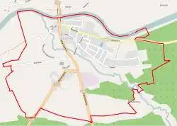 Mapa konturowa Obrzycka, u góry po lewej znajduje się punkt z opisem „Parafia Świętych Apostołów Piotra i Pawła”